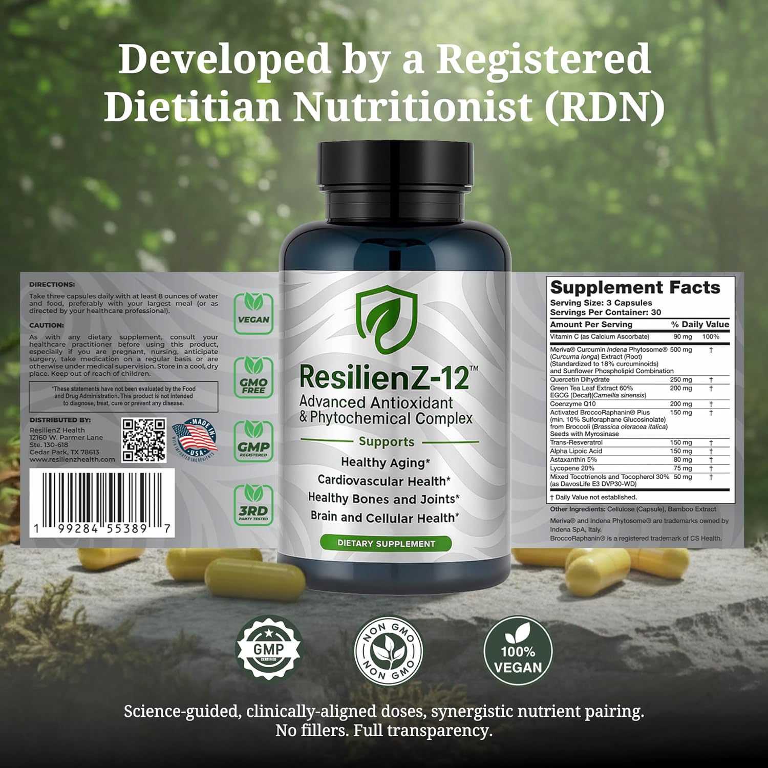 ResilienZ-12 — Longevity Supplement Stack | 12-in-1 Daily Healthy Aging Formula | Meriva Curcumin, Sulforaphane, CoQ10, Resveratrol, EGCG, Astaxanthin | Dietitian-Formulated | Vegan, Non-GMO