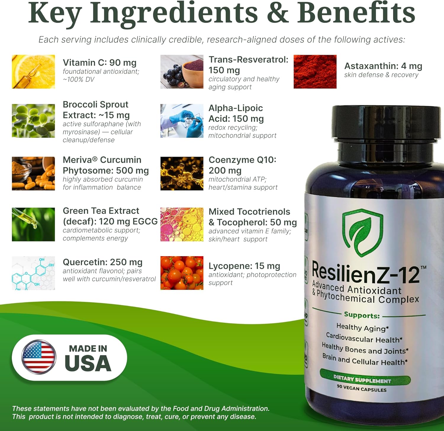 ResilienZ-12 — Longevity Supplement Stack | 12-in-1 Daily Healthy Aging Formula | Meriva Curcumin, Sulforaphane, CoQ10, Resveratrol, EGCG, Astaxanthin | Dietitian-Formulated | Vegan, Non-GMO